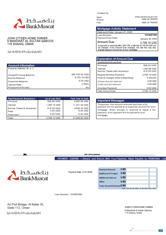 Download Omani Bank Muscat mortgage statement in Word and PDF formats Photoshop template